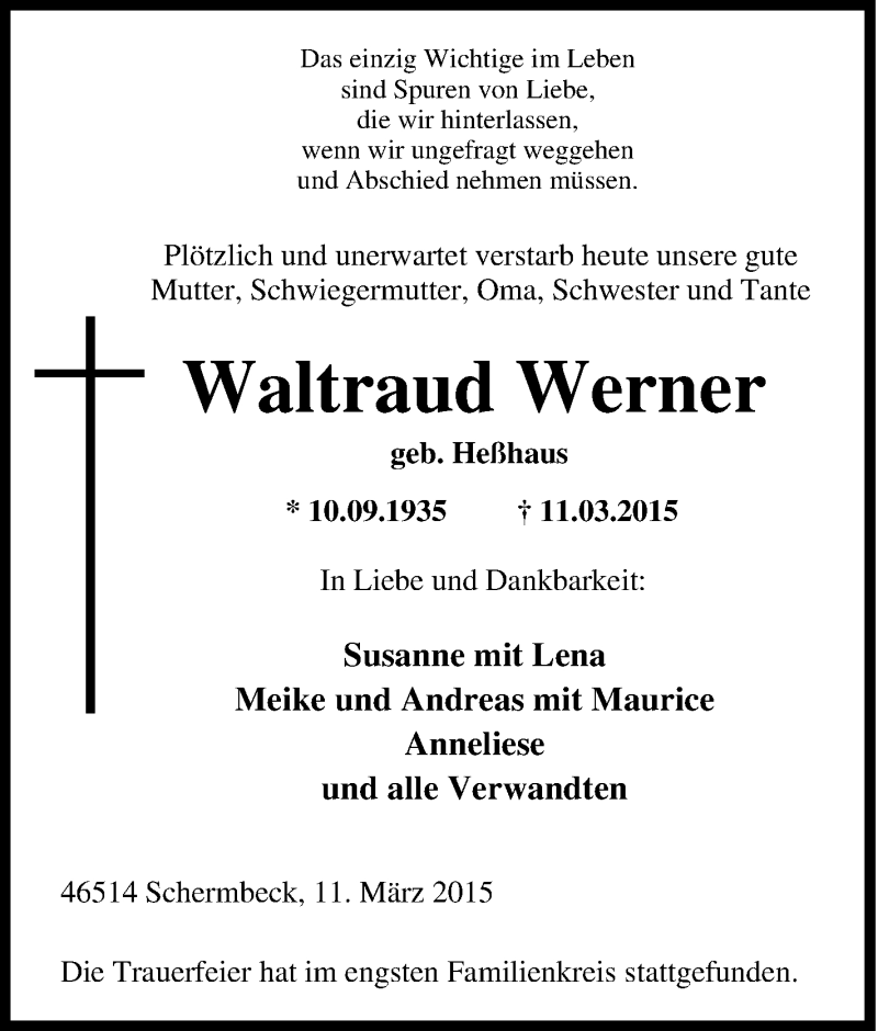  Traueranzeige für Waltraud Werner vom 17.03.2015 aus Tageszeitung