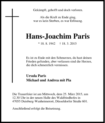 Traueranzeige von Hans-Joachim Paris von Tageszeitung