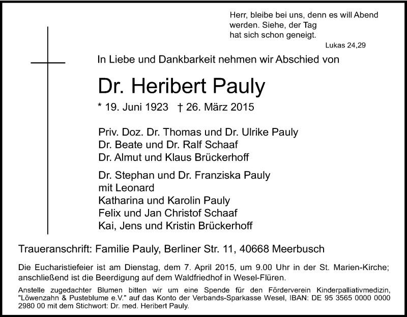  Traueranzeige für Heribert Pauly vom 28.03.2015 aus Tageszeitung