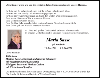 Traueranzeige von Maria Sasse von Tageszeitung