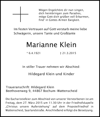 Traueranzeige von Marianne Klein von Tageszeitung