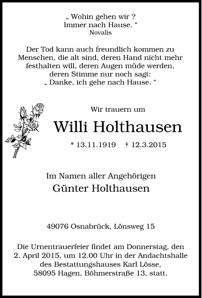  Traueranzeige für Willi Holthausen vom 28.03.2015 aus Tageszeitung