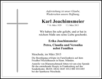 Traueranzeige von Karl Joachimsmeier von Tageszeitung