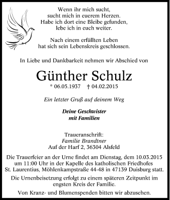 Traueranzeige von Günther Schulz von Tageszeitung