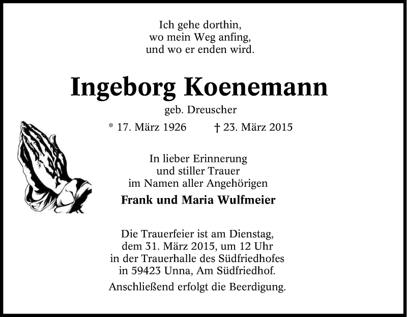  Traueranzeige für Ingeborg Koenemann vom 28.03.2015 aus Tageszeitung