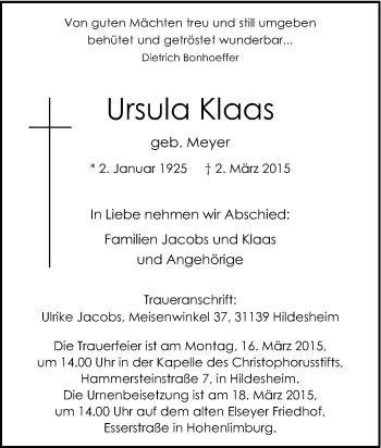 Traueranzeige von Ursula Klaas von Tageszeitung