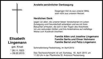 Traueranzeige von Elisabeth  Lingemann von Tageszeitung