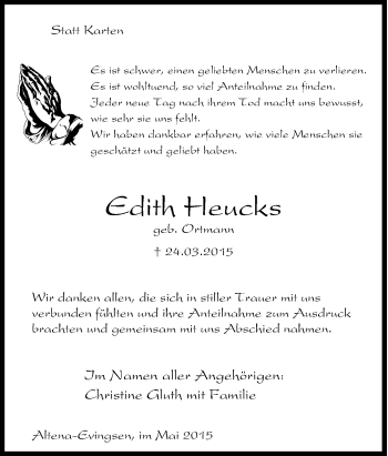 Traueranzeige von Edith Heucks von Tageszeitung