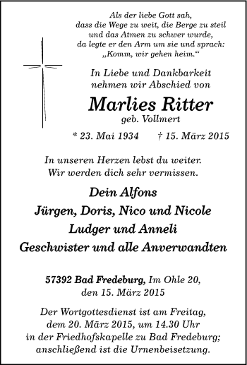 Traueranzeige von Marlies Ritter von Tageszeitung