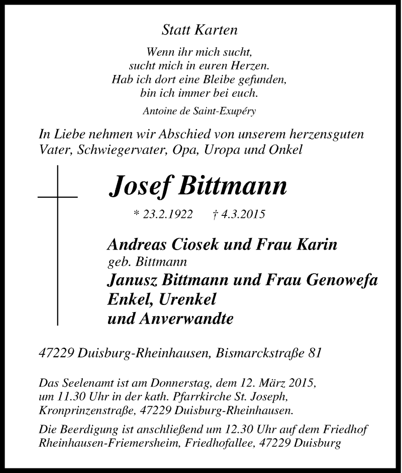  Traueranzeige für Josef Bittmann vom 07.03.2015 aus Tageszeitung
