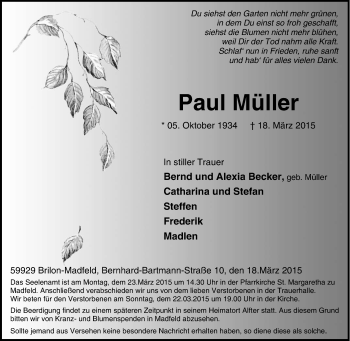 Traueranzeige von Paul Müller von Tageszeitung