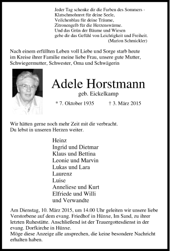 Traueranzeige von Adele Horstmann von Tageszeitung