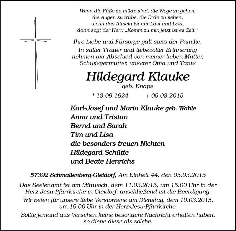  Traueranzeige für Hildegard Klauke vom 09.03.2015 aus Tageszeitung