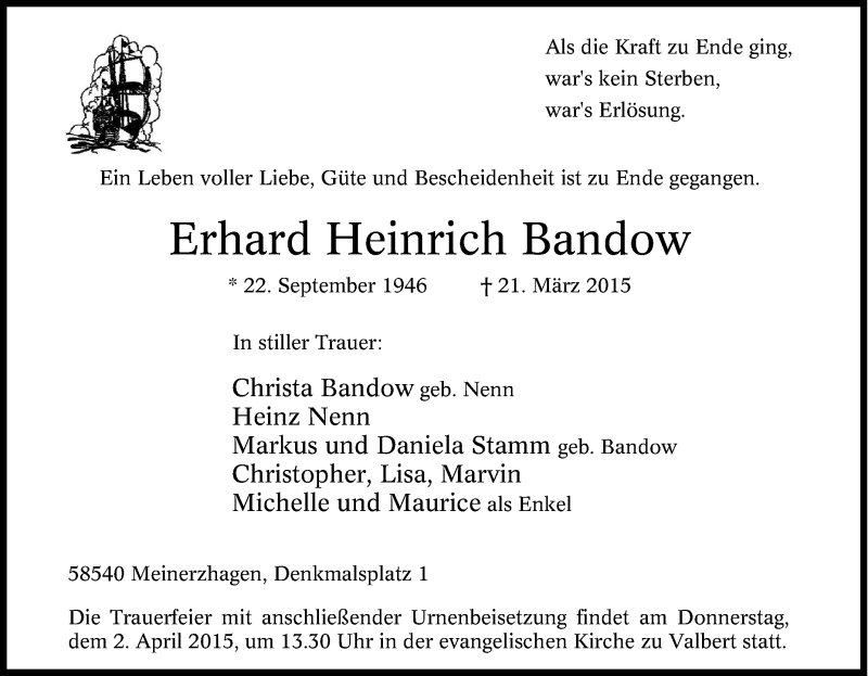  Traueranzeige für Erhard Heinrich Bandow vom 28.03.2015 aus Tageszeitung