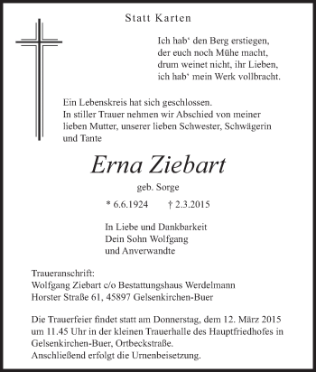 Traueranzeige von Erna Ziebart von Tageszeitung