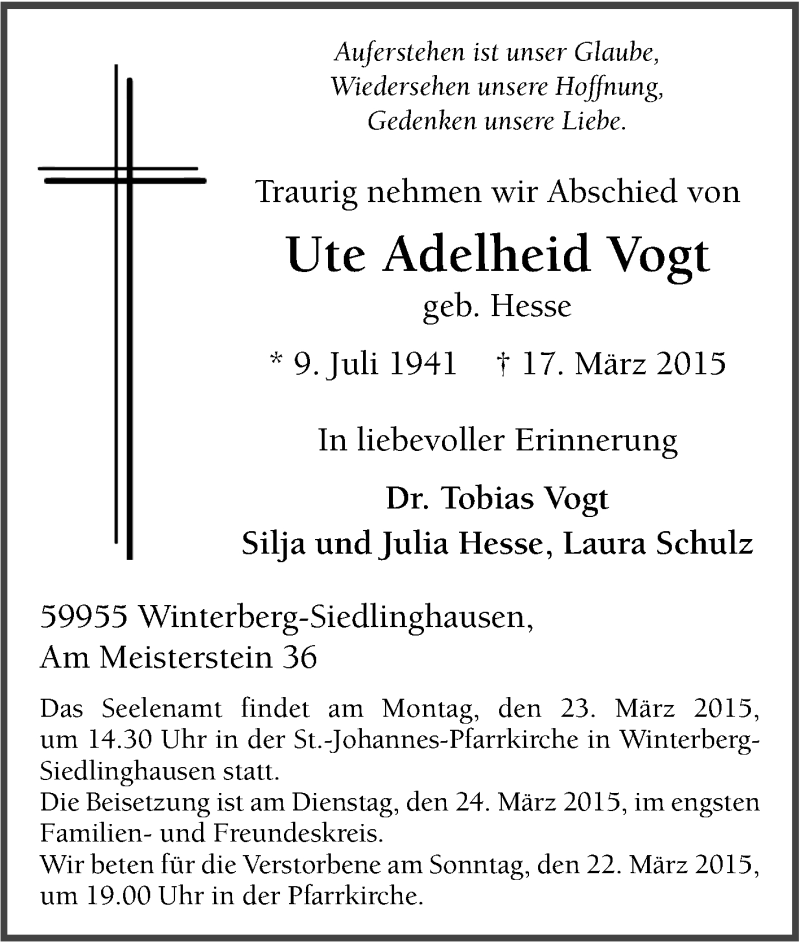  Traueranzeige für Ute Adelheid Vogt vom 20.03.2015 aus Tageszeitung