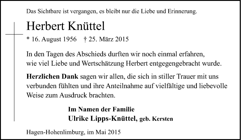  Traueranzeige für Herbert Knüttel vom 28.03.2015 aus Tageszeitung