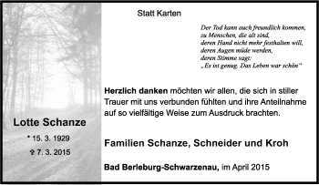 Traueranzeige von Lotte Schanze von Tageszeitung