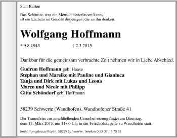 Traueranzeige von Wolfgang Hoffmann von Tageszeitung