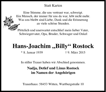 Traueranzeige von Hans-Joachim Rostock von Tageszeitung