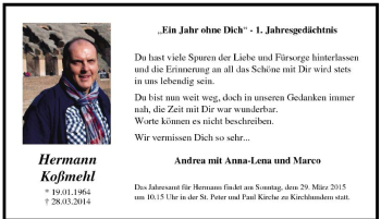Traueranzeige von Hermann Koßmehl von Tageszeitung