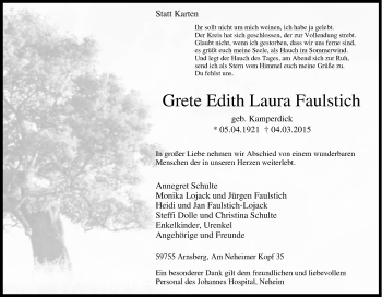 Traueranzeige von Grete Edith Laura Faulstich von Tageszeitung