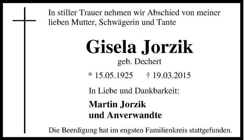  Traueranzeige für Gisela Jorzik vom 27.03.2015 aus Tageszeitung