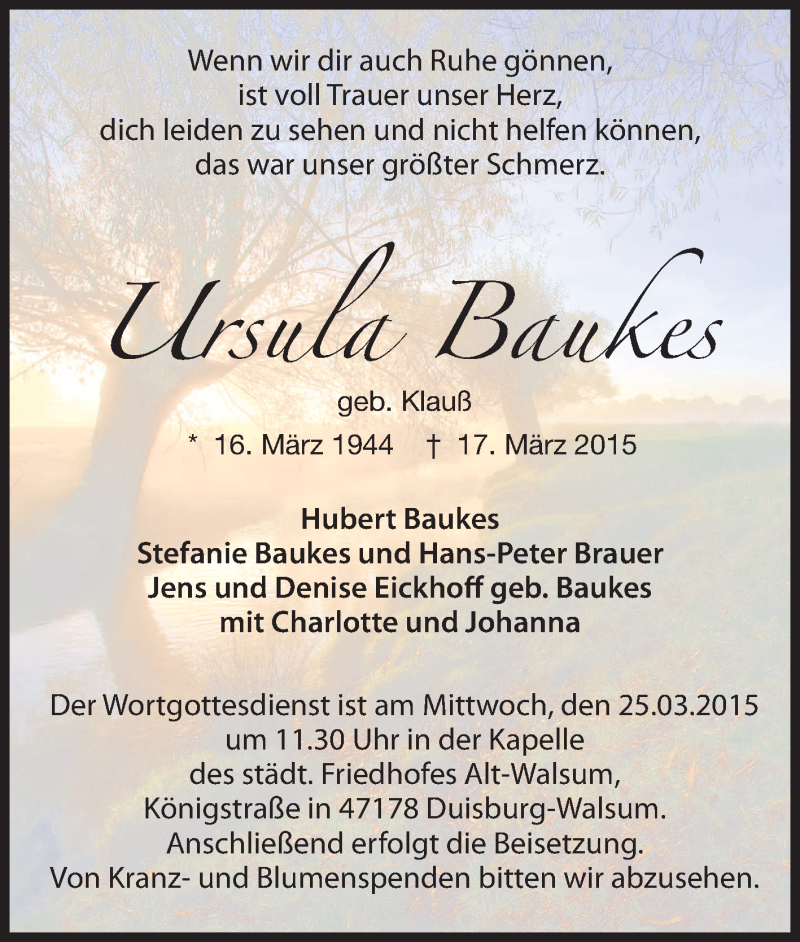  Traueranzeige für Ursula Baukes vom 21.03.2015 aus Tageszeitung