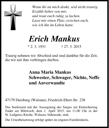 Traueranzeige von Erich Mankus von Tageszeitung