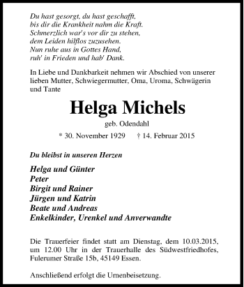 Traueranzeige von Helga Michels von Tageszeitung