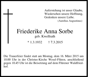 Traueranzeige von Friederike Anna  Sorbe von Tageszeitung
