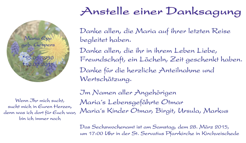  Traueranzeige für Maria Epe vom 21.03.2015 aus Tageszeitung
