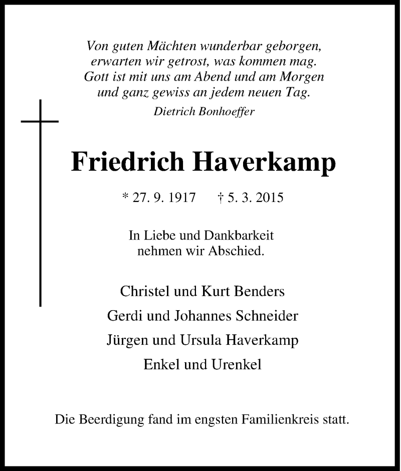  Traueranzeige für Friedrich Haverkamp vom 18.03.2015 aus Tageszeitung