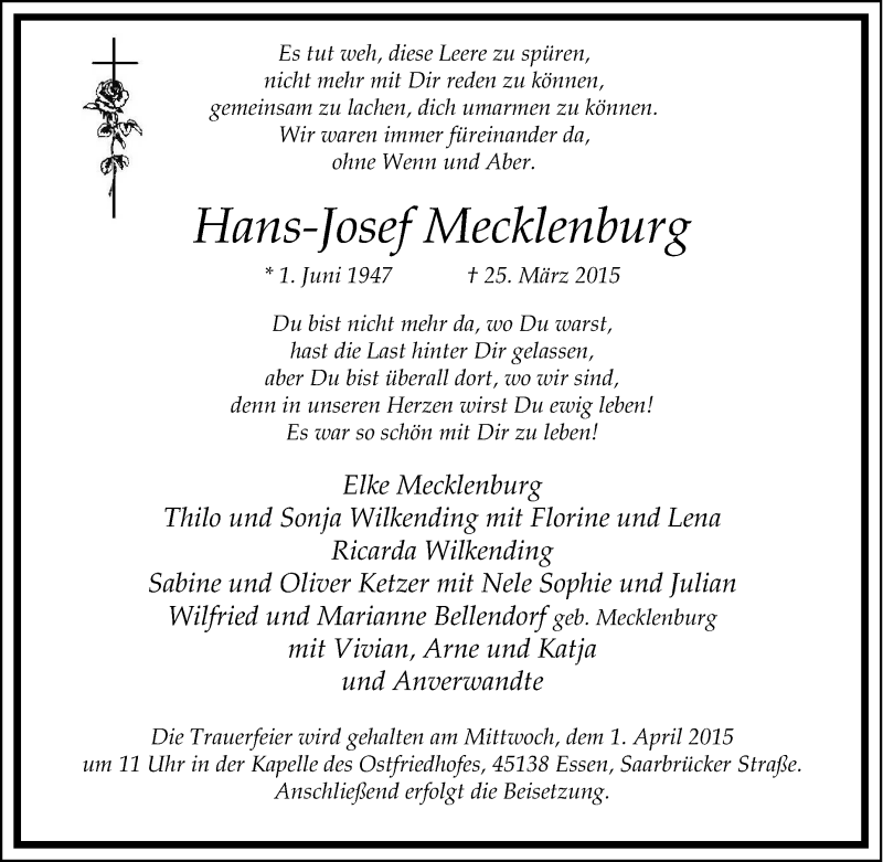  Traueranzeige für Hans-Josef Mecklenburg vom 30.03.2015 aus Tageszeitung