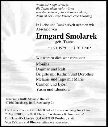 Traueranzeige von Irmgard Smolarek von Tageszeitung