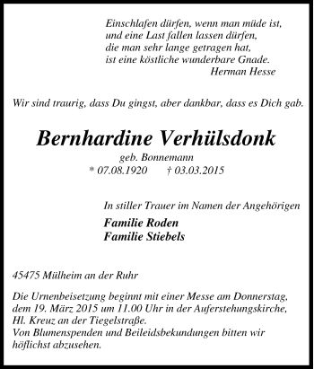 Traueranzeige von Bernhardine Verhülsdonk von Tageszeitung