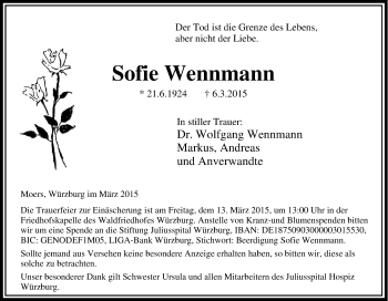 Traueranzeige von Sofie Wennmann von Tageszeitung