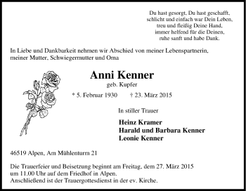 Traueranzeige von Anni Kenner von Tageszeitung