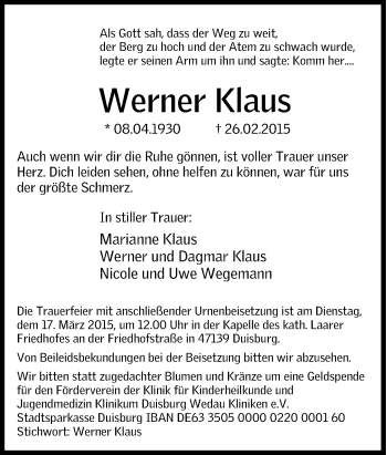 Traueranzeige von Werner Klaus von Tageszeitung