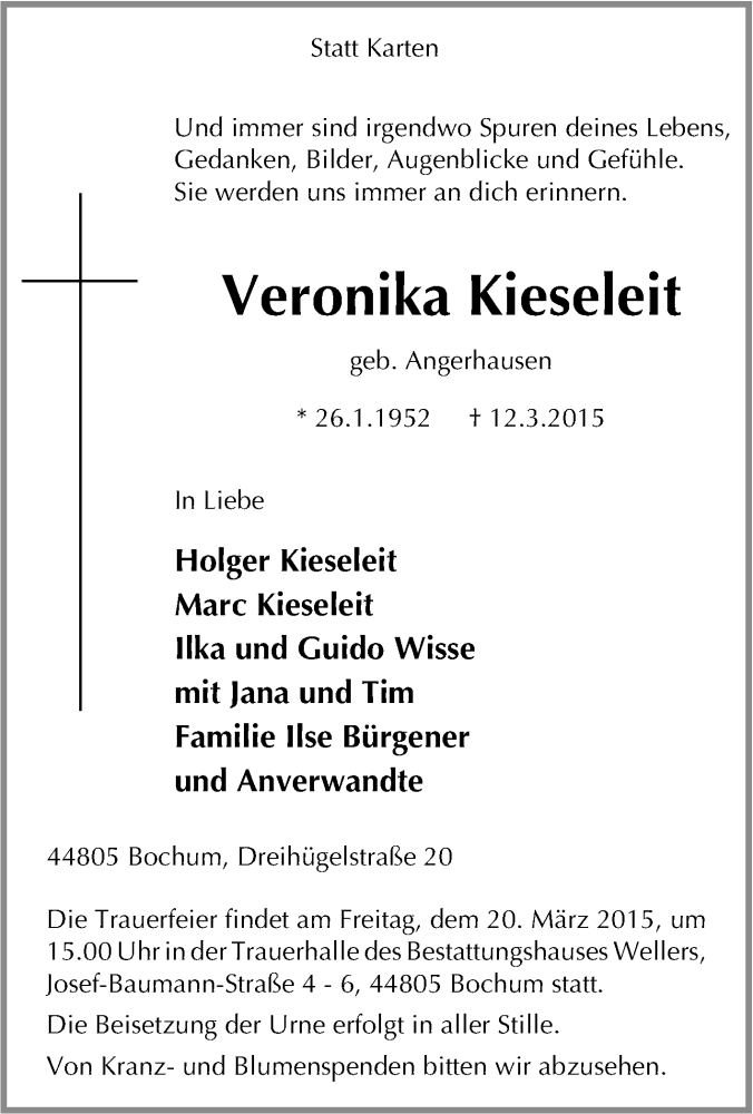  Traueranzeige für Veronika Kieseleit vom 17.03.2015 aus Tageszeitung
