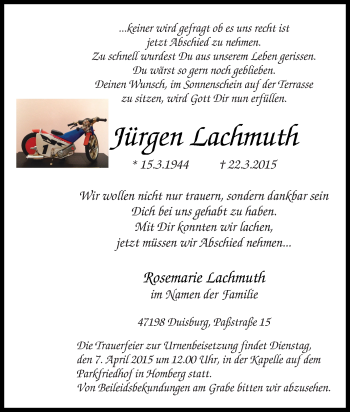 Traueranzeige von Jürgen Lachmuth von Tageszeitung