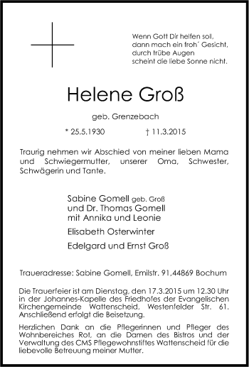 Traueranzeige von Helene Groß von Tageszeitung