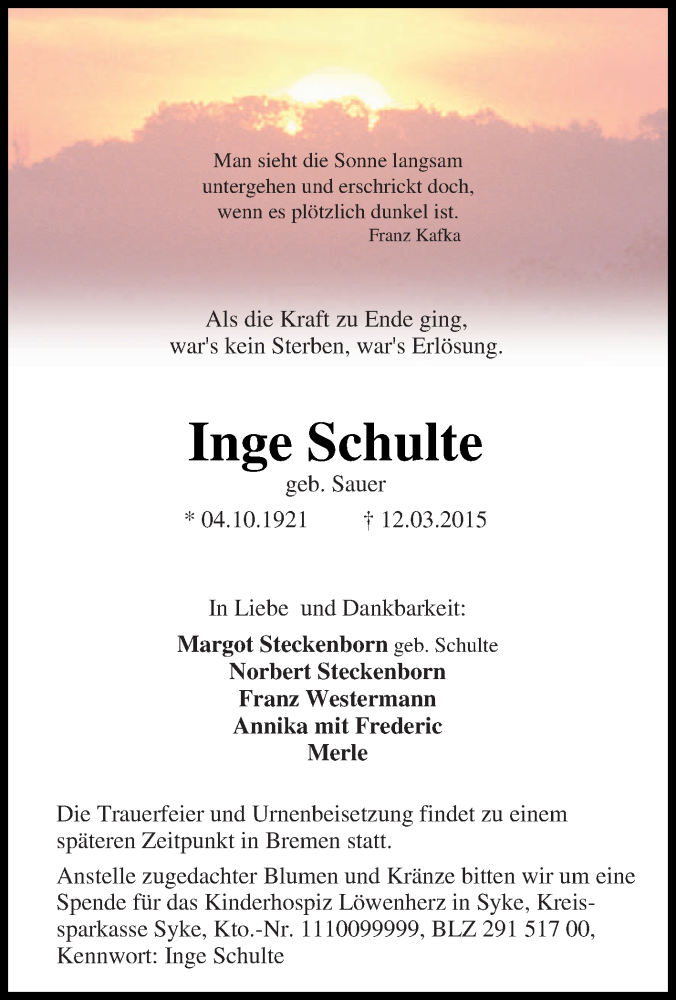  Traueranzeige für Inge Schulte vom 17.03.2015 aus Tageszeitung