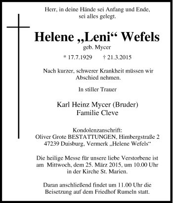 Traueranzeige von Helene Leni Wefels von Tageszeitung