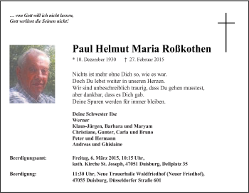 Traueranzeige von Paul Helmut Maria Roßkothen von Tageszeitung