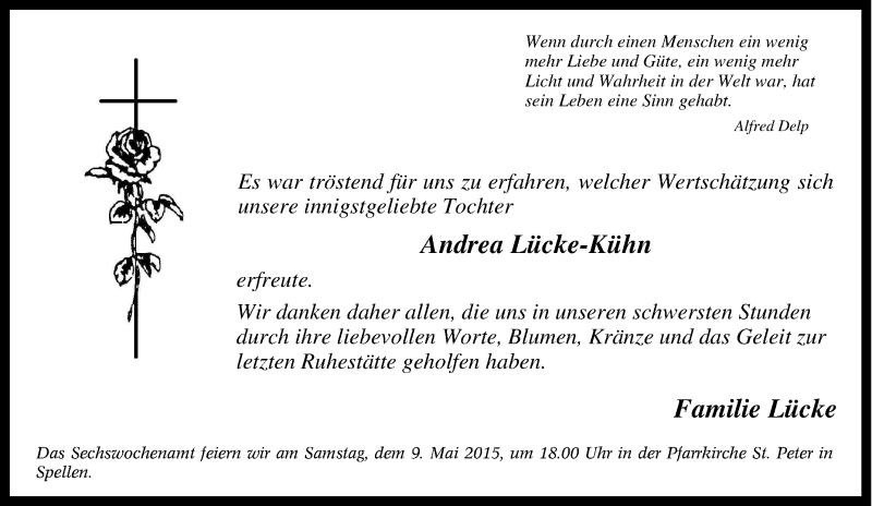  Traueranzeige für Andrea Lücke-Kühn vom 17.03.2015 aus Tageszeitung