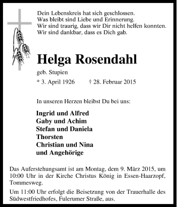 Traueranzeige von Helga Rosendahl von Tageszeitung