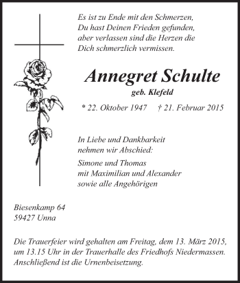 Traueranzeige von Annegret Schulte von Tageszeitung