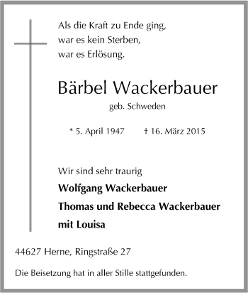 Traueranzeige von Bärbel Wackerbauer von Tageszeitung