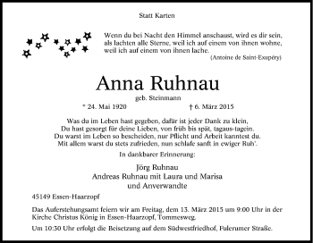 Traueranzeige von Anna Ruhnau von Tageszeitung